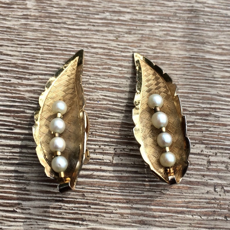 Imperial Pearl Syndicate Earrings Vintage Gold Leaf and Pearl Earrings Gold Filled Clip On