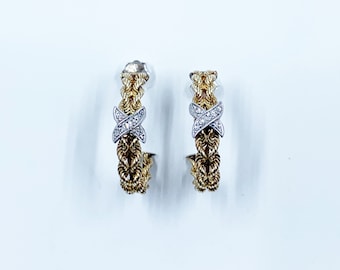 Vintage Two Tone Rope Hoop Earrings | Gold Filled and Silver | Patterned Textured Hoops