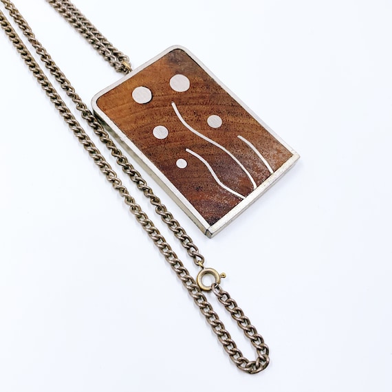Vintage Modernist Wood and Pewter Inlay Necklace … - image 5
