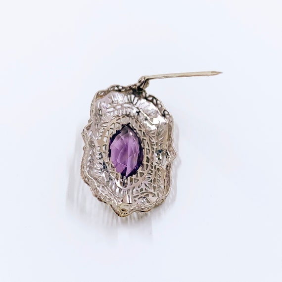 Antique Art Deco 14K Filigree Amethyst Brooch - image 6