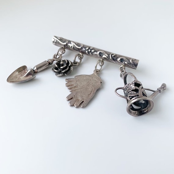 Vintage Silver Gardening Charm Brooch | Gardening… - image 2