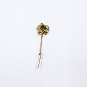 Vintage Sterling Vermeil Flower Brooch: Green Rhinestone Repousse Design