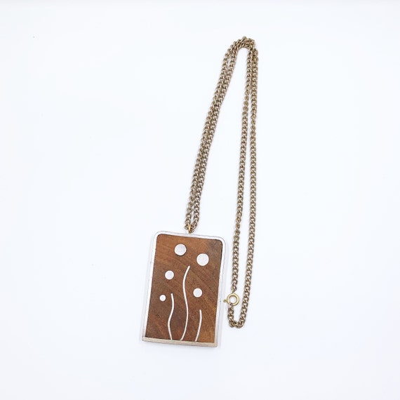 Vintage Modernist Wood and Pewter Inlay Necklace … - image 3