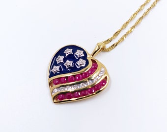 Estate 10K Gold Red White and Blue Diamond and Ruby Heart Shaped Pendant | 10K Gold Heart Flag Pendant | Patriotic Jewelry