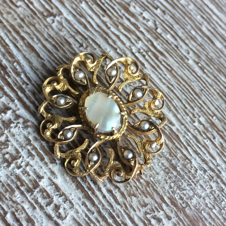 Gold Brooch Vintage Seed Pearl Brooch Mother of Pearl