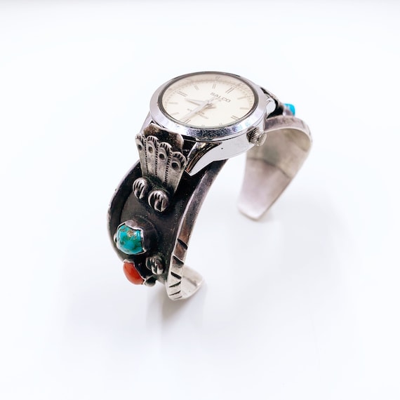 Vintage Silver Turquoise and Coral Watch Cuff | S… - image 1