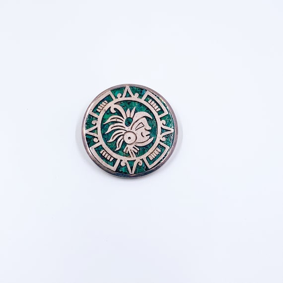 Vintage Mexican Silver Brooch Pendant: Two Trees Turquoise Warrior Medallion