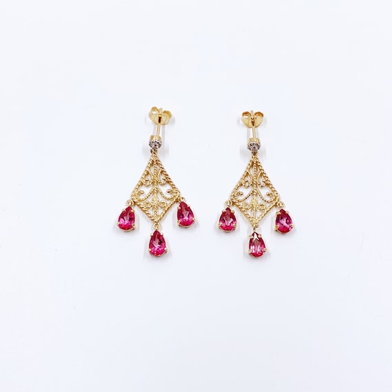 Vintage 14k Gold Filigree Pink Stone Dangle Earrings 14K Gold