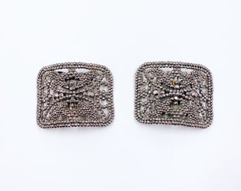 Antique French Cut Steel Shoe Buckles: Victorian Riveted Floral Pair