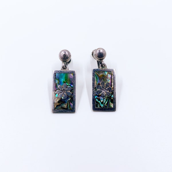 Vintage Silver Mother of Pearl Earrings: TAXCO Mexican Floral Inlay
