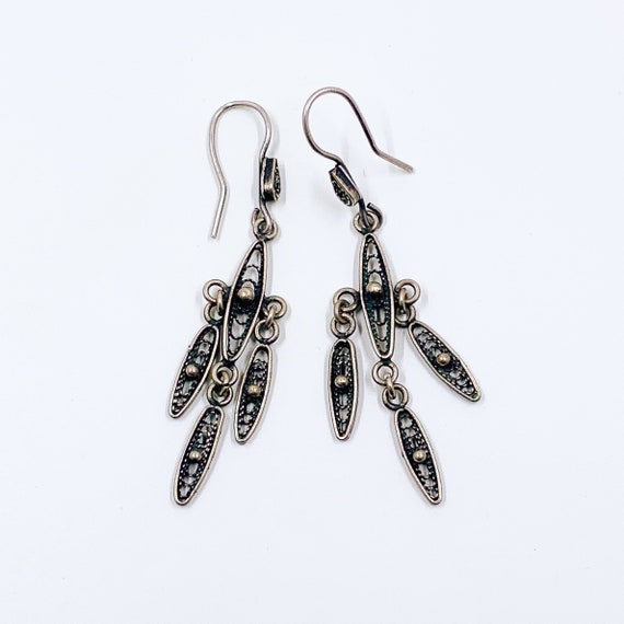 Boucles D'oreilles Pendentives Filigrane - Métal Argenté (argent Tibétain) - Vintage