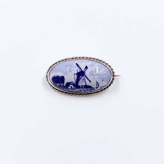 Vintage Delft Windmill Brooch | Delft Blue Porcel… - image 1