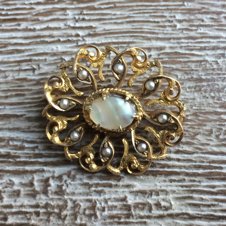Gold Brooch Vintage Seed Pearl Brooch Mother of Pearl