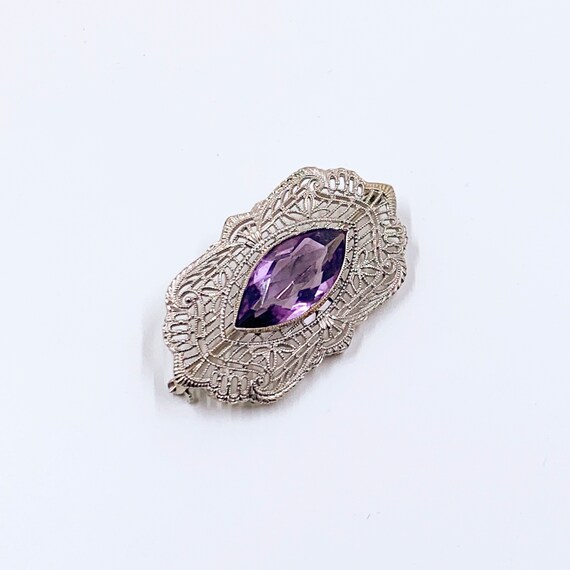 Antique Art Deco 14K Filigree Amethyst Brooch - image 4