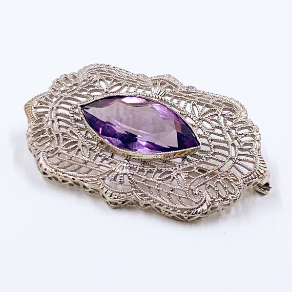 Antique Art Deco 14K Filigree Amethyst Brooch - image 7