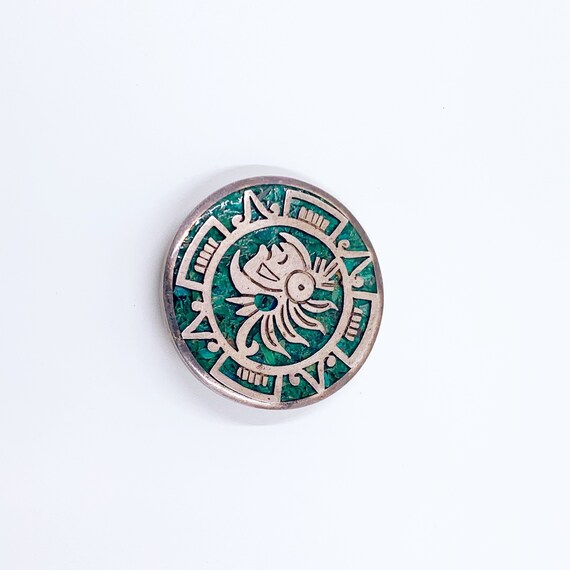 Vintage Mexican Silver Brooch Pendant: Two Trees Turquoise Warrior Medallion View 5