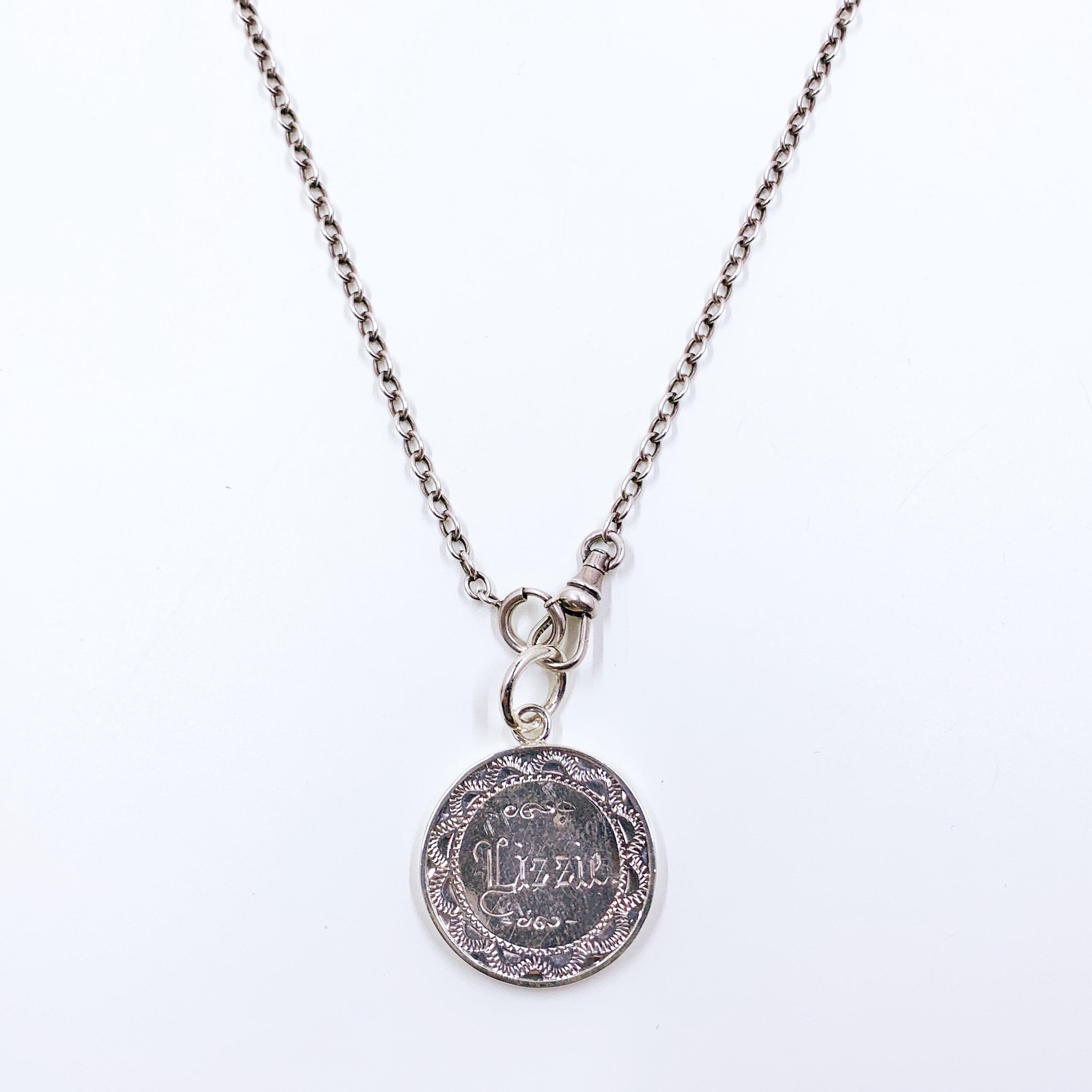 Antique Victorian "Lizzie" Love Token Charm, Hand Engraved Lizzie, US Seated Liberty Quarter Dollar