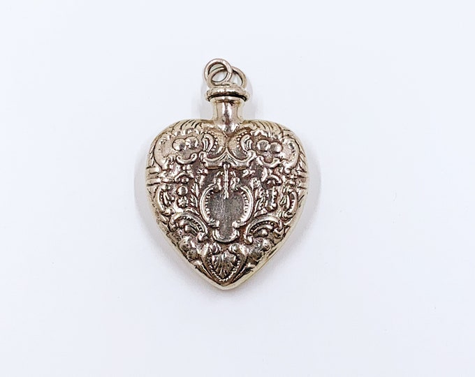 Vintage Sterling Heart Perfume Pendant | Repoussé Heart Pendant | Silver Puffy Heart Perfume Bottle