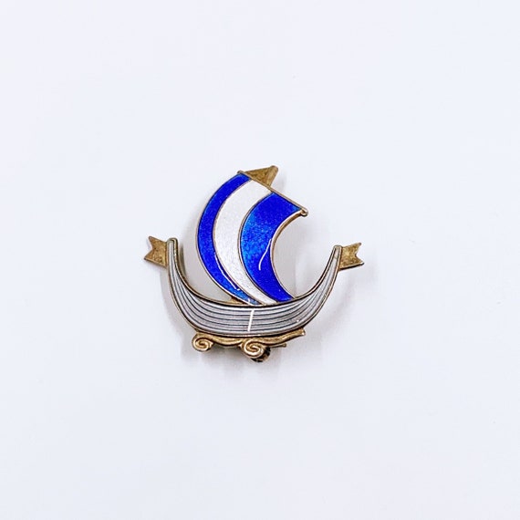 Vintage Sterling Aksel Holmsen Enamel Viking Ship… - image 1