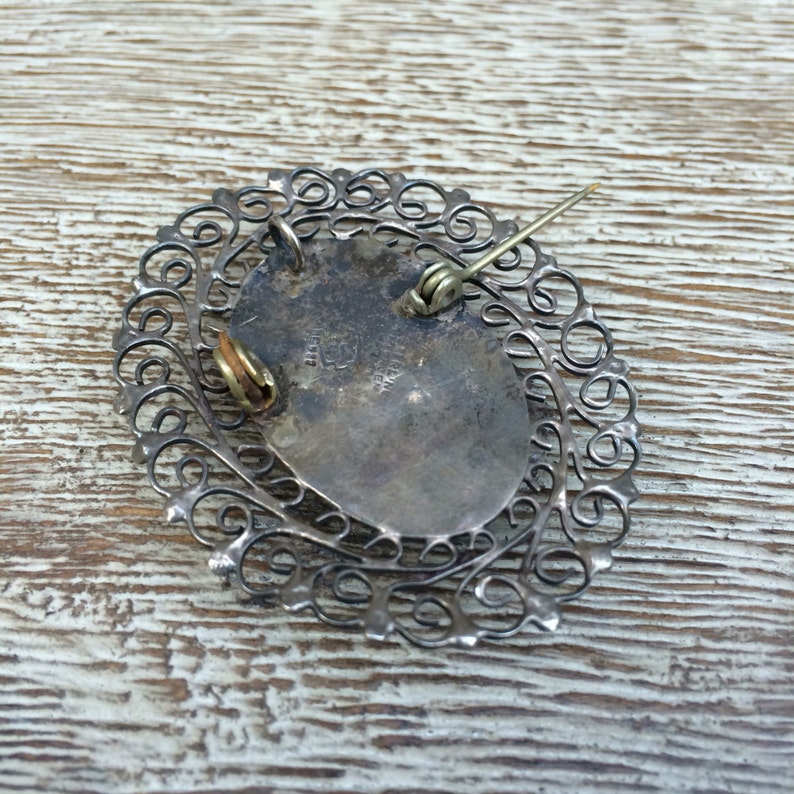 Blue Glass Mexican Silver Vintage Silver Filigree Brooch