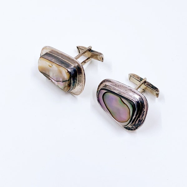 Vintage Mexican Silver Abalone Cuff Links | Mexican Modernist Cuff Links