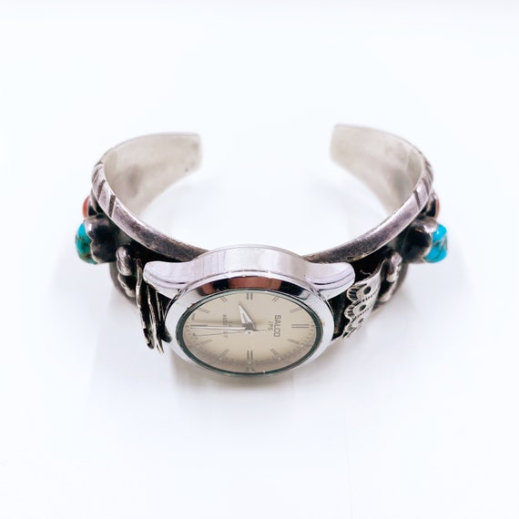 Vintage Silver Turquoise and Coral Watch Cuff | S… - image 5
