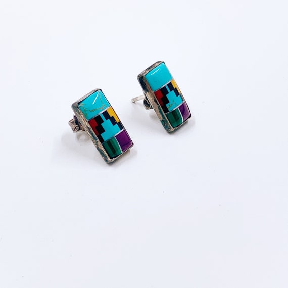 Vintage Silver Inlay Stud Earrings: Multicolor So… - image 3