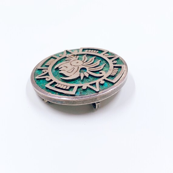 Vintage Mexican Silver Brooch Pendant: Two Trees Turquoise Warrior Medallion View 4