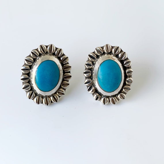 Boucles D'oreilles Anciennes En Argent Et Turquoise - Style Mexicain Ou Ethnique - Occasion