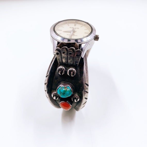 Vintage Silver Turquoise and Coral Watch Cuff | S… - image 6