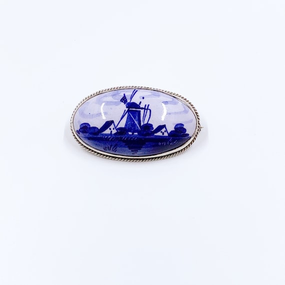 Vintage Delft Blue Windmill Brooch | Porcelain Win