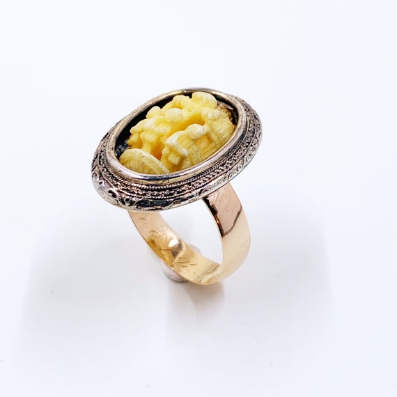 Antique Chinese 14k Gold Carved Bone Ring