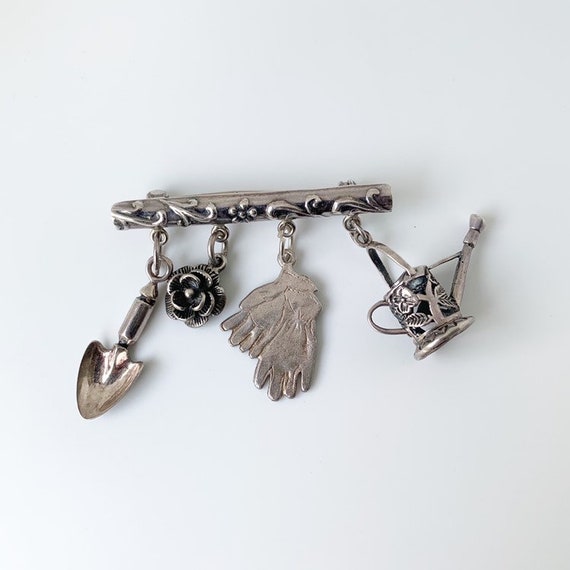 Vintage Silver Gardening Charm Brooch | Gardening… - image 1