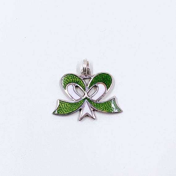 Vintage Silver Enamel Bow Charm | Green and White 