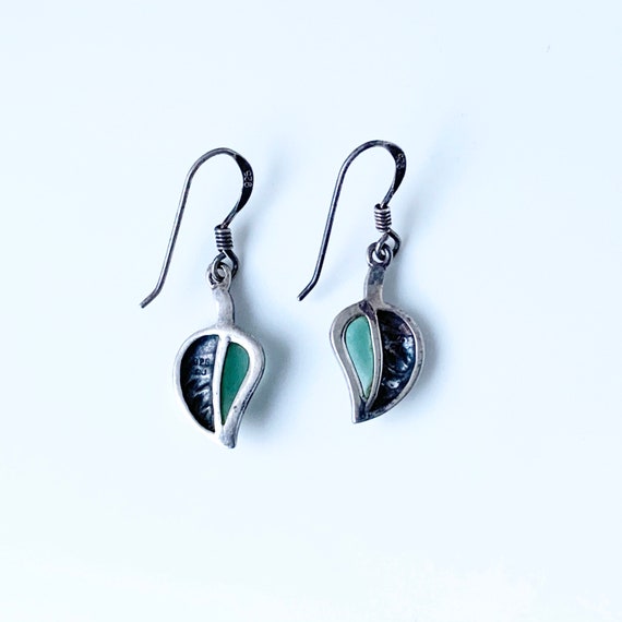 Vintage Silver Leaf Earrings | Green Stone Leaf E… - image 4