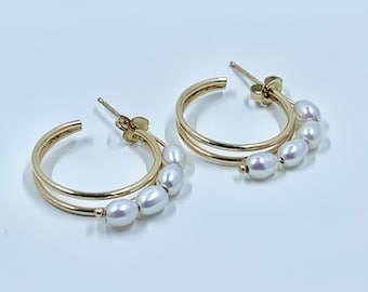 Vintage 14K Pearl Hoop Earrings, 14K Gold Hoops, Pearl Earrings