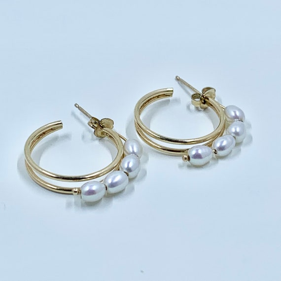 Vintage Gold Pearl Hoop Earrings | 14K Gold Open H