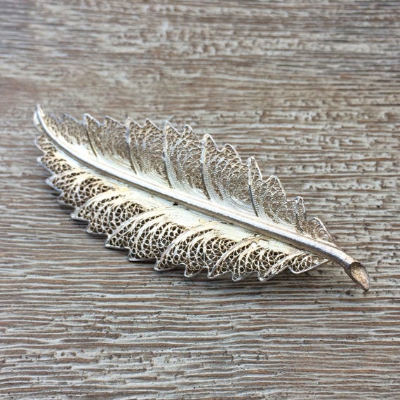 Vintage Silver Feather Brooch | Filigree Feather