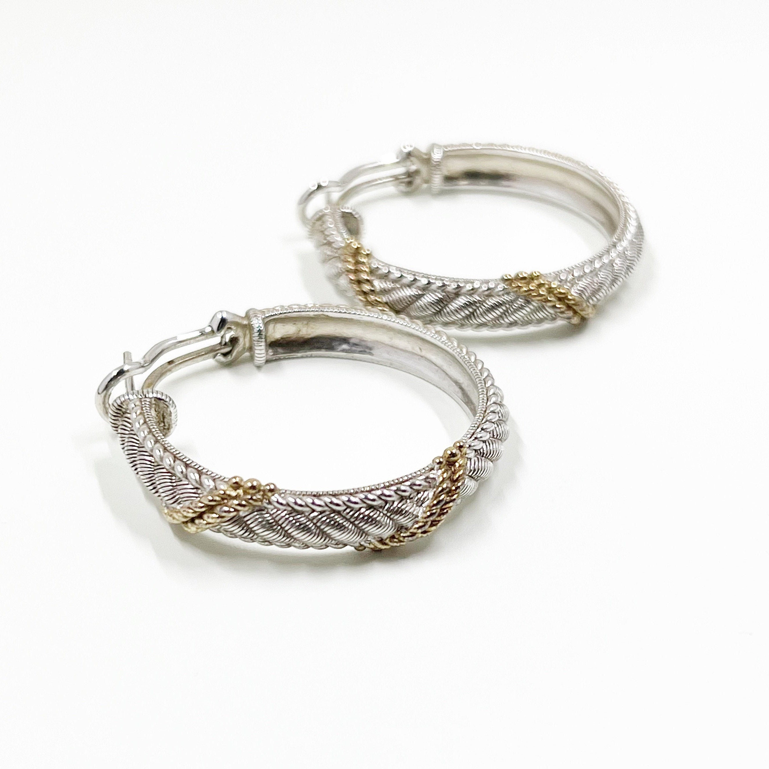 Estate Judith Ripka Two Tone Silver Braided Rope Hoop Earrings