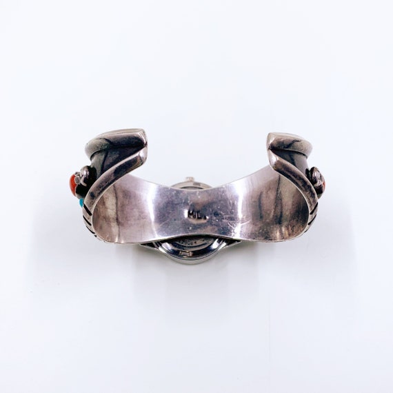 Vintage Silver Turquoise and Coral Watch Cuff | S… - image 8