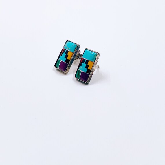 Vintage Silver Inlay Stud Earrings: Multicolor So… - image 4