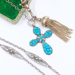 Antique Victorian Turquoise Seed Pearl Cross Pendant