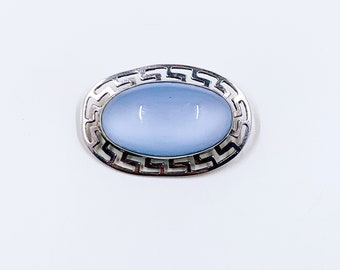 Vintage Sterling Silver Chalcedony Brooch | Sterling Greek Key Pattern Stone Brooch