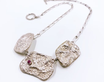 Silver Modernist Cuttlebone Necklace | Cuttlefish Hand Cast Necklace | Pink Stone Necklace