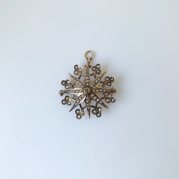 Victorian Seed Pearl Star Brooch | Gold Clover and