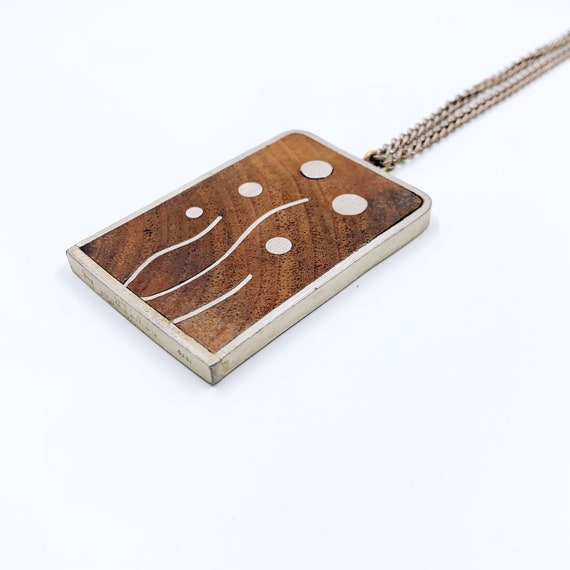 Vintage Modernist Wood and Pewter Inlay Necklace … - image 6