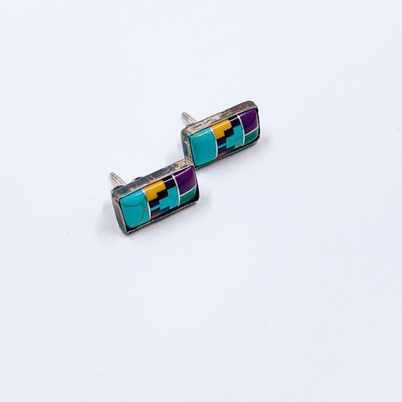 Vintage Silver Inlay Stud Earrings: Multicolor So… - image 6