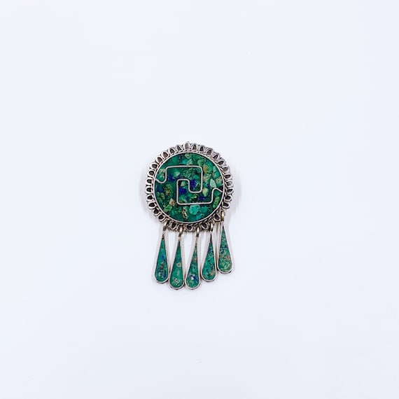 Vintage Mexican Silver Chip Stone Inlay Pendant Brooch: Taxco Two Trees