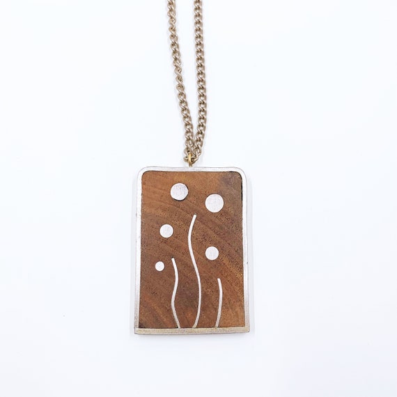 Vintage Modernist Wood and Pewter Inlay Necklace … - image 1