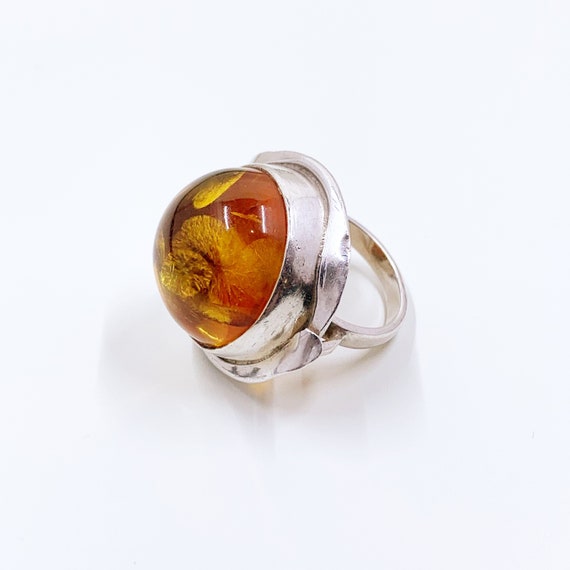 Bague Vintage Argent Massif Ambre - Taille 62, Occasion, Style Rétro Et Naturel